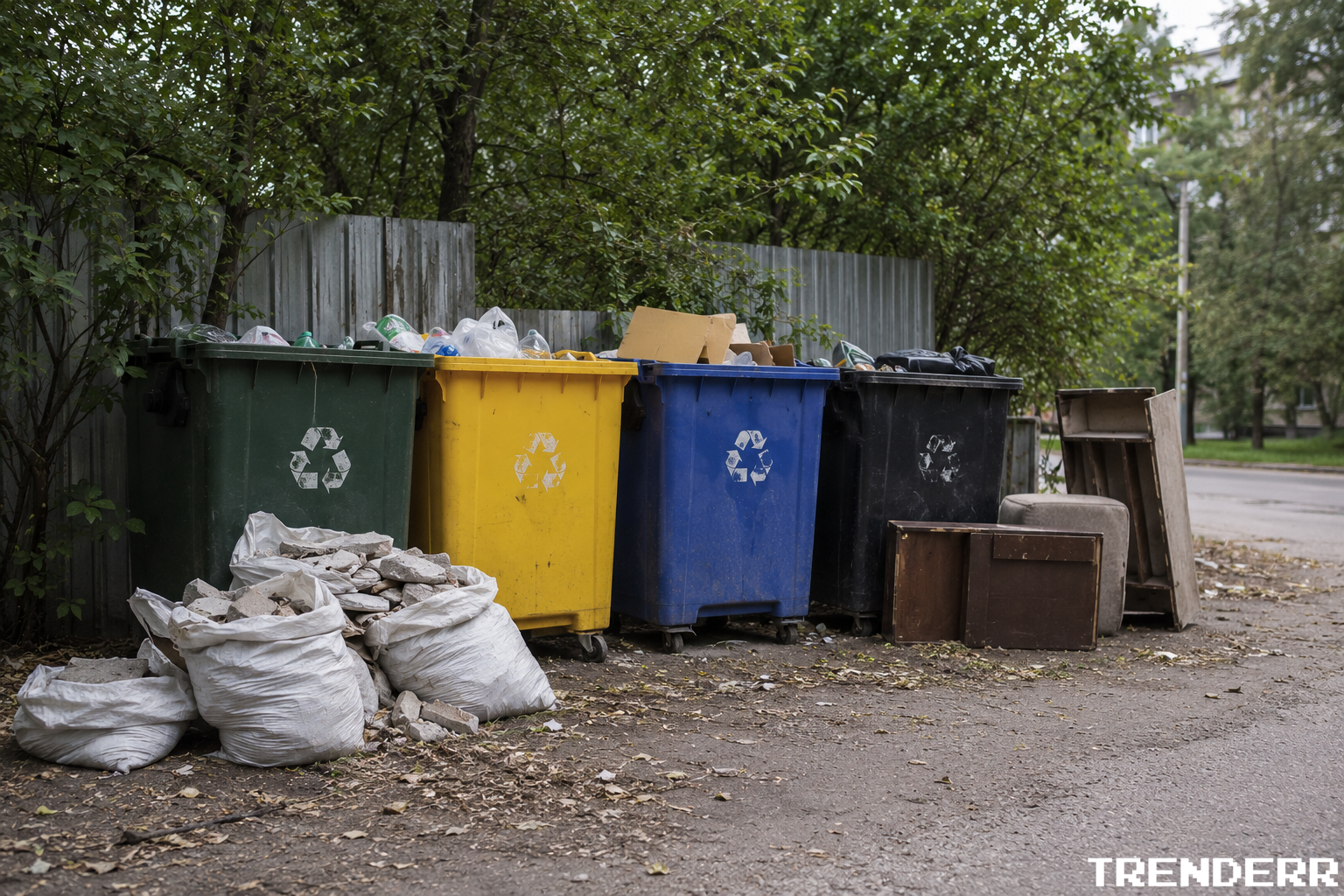 image.png {Контейнери для сортування сміття на вуличному майданчику біля житлового району. Поруч мішки з будівельним сміттям і старі меблі, залишені для вивезення та переробки.}